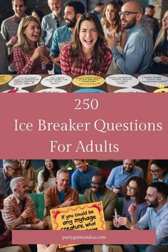 the words ice breaker questions for adults are in front of a group of people