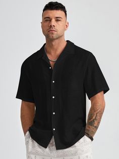 Black Shirt Half Sleeves Men, Black Half Sleeve Shirt Men, Black Half Shirt Outfit Men, Black Short Sleeve Button Up, Black Short Sleeve Button Up Men Outfit, Look Casual Hombre, Birthday Outfit Men, Black Button Up Shirt Outfit, Timeless Summer Outfits