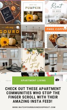 an advertisement for apartment living with sunflowers and pumpkins on the wall,