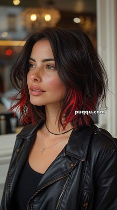 Black Hair with Red Highlights: Perfect Combo for Edgy Vibes Red Hair Color On Short Hair, Vivid Red Balayage Hair, Black Hair With Red Highlights Bangs, Dark Red Balayage Short Hair, Black Hair With Orange Peekaboo, Short Hair With Red Tips, Highlight For Short Black Hair, Reverse Hair Color, Edgy Bobs For Thick Hair