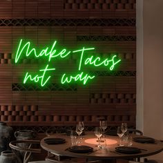 Make Tacos Not War Neon SignAdd a dash of playful energy to your space with our Make Tacos Not War LED Neon Sign, radiating in a lively shade of Green. This vibrant color choice captures the essence of fun and camaraderie, inviting smiles and conversations. With a nod to the famous saying, the sign combines the love for tacos and the desire for harmony in a visually striking way. The modern LED technology ensures a long-lasting and energy-efficient glow, making this neon sign a lively centerpiec Tiktok Logo, Neon Details, Neon Signs Quotes, Mid Century Modern Office, Logo Neon, Neon Logo, Neon Art, Custom Neon Signs, Neon Lights