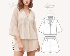 an image of a woman in pajamas and shorts with the sewing pattern on her chest