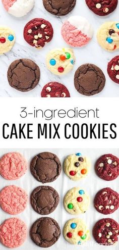 an assortment of cookies with the words 3 ingredient cake mix cookies in front of them