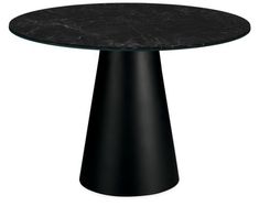 a round table with black marble top and metal base, on an isolated white background