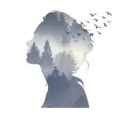 a woman's profile with birds flying over her head and trees in the background