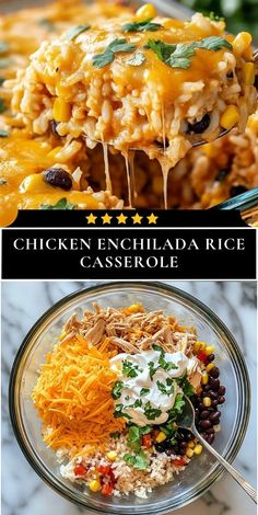 chicken enchilada rice casserole in a glass bowl