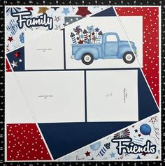 a blue truck with stars and stripes on it is surrounded by red white and blue paper