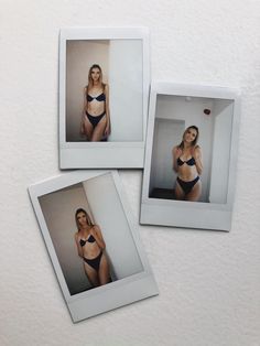 three polaroid photos of a woman in bikinis