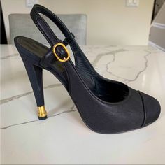 Sling Back Heels. Have Gold Cc’s On The Top Of The Heels. In Great Condition. They Have Been Loved But The Quality Very High. Classic Heels. Comes With Box Chanel Slingback, Shoes Chanel, Sling Back Heels, Slingback Heels, Classic Heels, Slingback Heel, Sling Back, Chanel Shoes, Gold Black