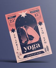 a poster for a yoga event with a woman in the middle and stars on it