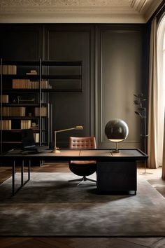 an office with a desk, chair and bookshelf in front of a window