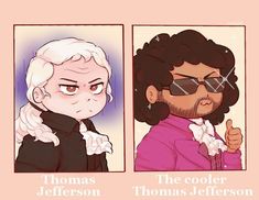 two cartoon portraits of thomas jefferson and thomas jefferson, one with the same hair color