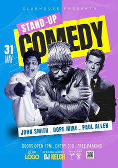 a poster for stand up comedy with two men in the middle and one man holding his arms crossed