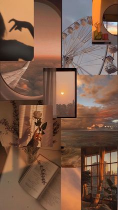 a collage of photos with an image of a ferris wheel in the sky and flowers