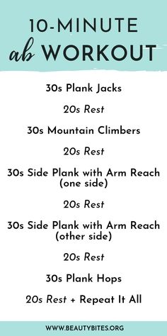 the 10 - minute abs workout plan for women with text overlay that reads, 10 minutes