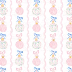 pink and blue christmas ornaments with bows on the side, in pastel colors against a white background