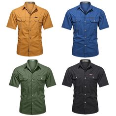 Men Short Sleeve Shirts Casual Turn-down Collar Button Work Shirt with Pockets Specifications:100% Brand new and high quality. Size:M,L,XL,XXL,3XL,4XL Color: black,army green,khaki,beige,blue,yellow Material: Polyester Sleeve length:short sleeve Neckline:Turn-down Collar Pattern:solid color Season:summer Note:  1.Due to the light and screen difference, the item's color may be slightly different from the pictures. Please understand.  2.Please allow 2-3% error due to manual measurement.Please make Work Shirt Men, Black Army, Color Season, Fitted Blouses, Men Shirts, Blouse Short Sleeve, Mens Clothes, Mens Short Sleeve Shirt, Collar Pattern