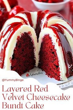 layered red velvet cheesecake bundt cake on a plate