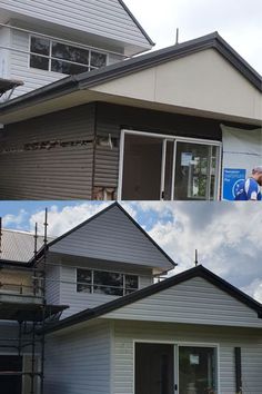 before and after pictures of a house being remodeled with new windows, sidings and roofing