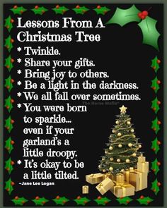 a christmas tree with presents on it and the words, lessons from a christmas tree