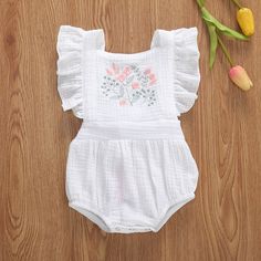 THEA Embroidered Ruffle Romper Boho Baby Romper, Boho Baby Clothes, Backless Romper, Linen Romper, White Romper, Cotton Romper