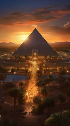 an aerial view of the great pyramid at night with palm trees and people walking around