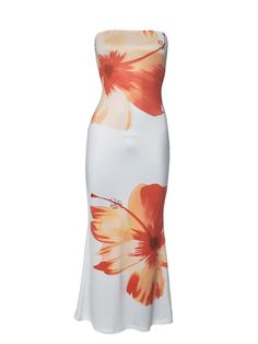 Fitted Strapless Floral Maxi Dress, Sleeveless Hibiscus Print Maxi Dress For Spring, Spring Sleeveless Maxi Dress With Hibiscus Print, White Strapless Maxi Dress For Summer, Sleeveless Maxi Dress With Hibiscus Print, Chic Orange Strapless Maxi Dress, Chic Strapless Orange Maxi Dress, Sleeveless Hibiscus Print Spring Dress, Summer Strapless Orange Maxi Dress