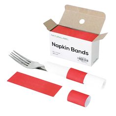 a fork, knife and red tape in a box with the words noppkin bands on it