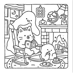 a black and white drawing of a cat sitting in a rocking chair reading a book