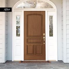 a front door with two sidelights and an arch above the door that says, before and after