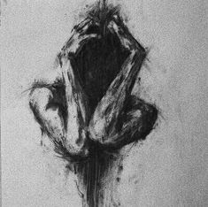 a black and white drawing of a person holding their head