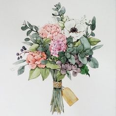 a watercolor painting of flowers in a vase