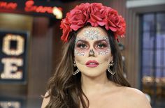 Simple Catrina Makeup Ideas, Easy Dia De Los Muertos Makeup Ideas, Gem Makeup, Cute Halloween Makeup, Red Makeup