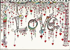 the word love is written in doodled letters with hearts hanging from it's sides