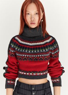 Cropped Fairisle Turtleneck Sweater in Red and Charcoal Knitting Fashion, Knit Projects, Cable Sweater, Collar Sweater, Knit Fashion, Safety Pin, Red Sweaters, Cropped Sweater, Fair Isle