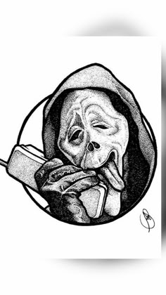 a black and white drawing of a person eating food