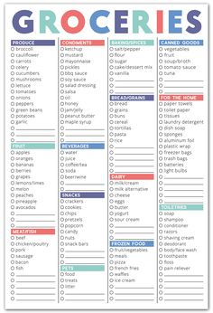 a grocery list with grocery items on it and the words grocery list written in red, blue