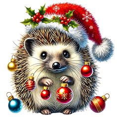 a hedgehog with christmas decorations around it's neck