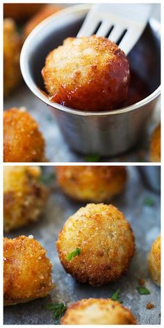 two pictures of some food in a bowl and one is being eaten with a fork