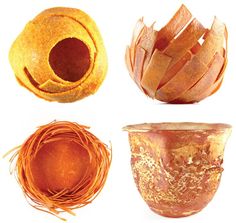 four different types of vases are shown in this set, including one orange and one brown