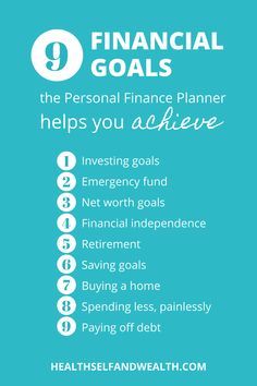 the financial goals poster is shown in blue and white