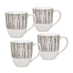 four white and grey coffee cups with silver foil on the rim, set of 4