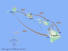 a map shows the route of hawaii and other islands in which people are traveling on land