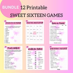 the printable sweet sixteen game is shown on a pink background with flowers and hearts