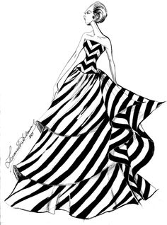 a black and white drawing of a woman in a striped dress