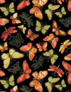 an image of many colorful butterflies on a black background with red, yellow and green colors