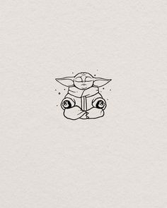 a black and white drawing of a baby yoda sitting in front of a book