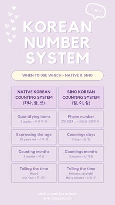 the korean number system is shown in purple and white, with hearts on it's side