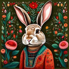 a painting of a rabbit in an orange dress with flowers on it's head