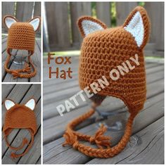 a crocheted fox hat with ears and tail